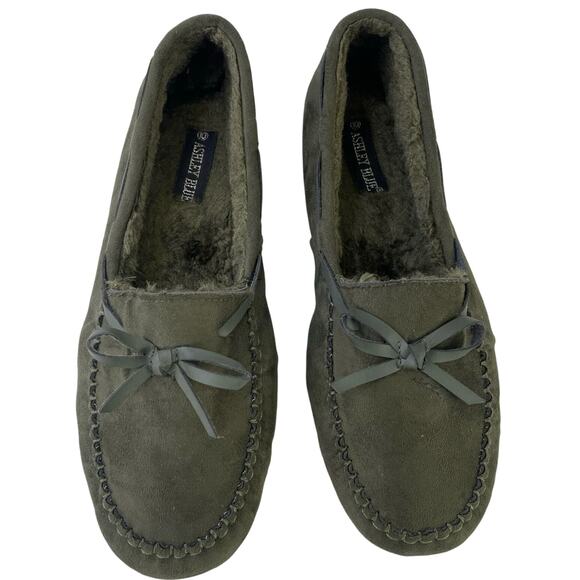 Ashley Blue Moccasin Slipper Olive Green Bow Tie Hard Flexible Bottoms Size 10 - Picture 6 of 11